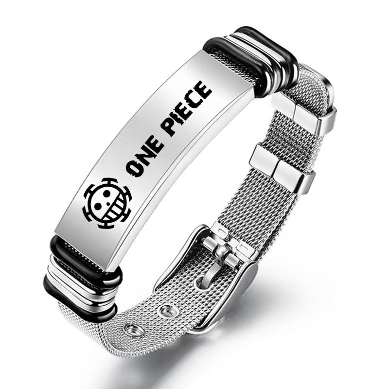 Bracelet en maille d'acier inoxydable avec poster de recherche gravé One Piece Monkey D. Luffy Roronoa Zoro, réglable, cadeau bijoux anime