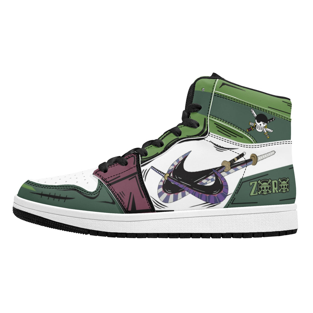 One Piece Roronoa Zoro Three Swords Style Anime Print High Top Sneakers, Straw Hat Pirates Skull Logo Casual Street Skate Shoes