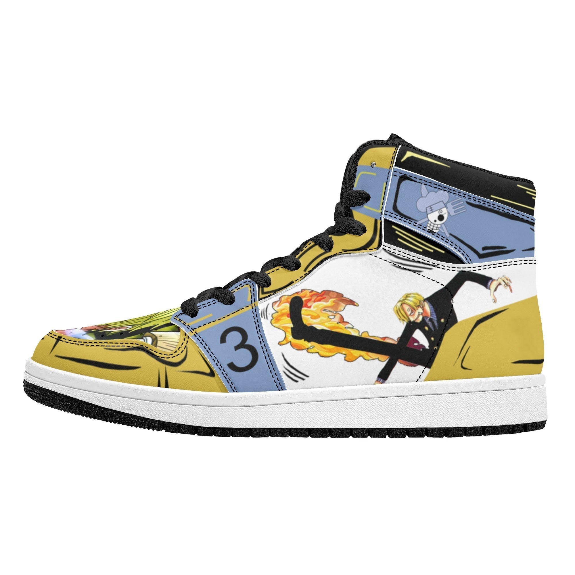 One Piece Sanji Fire Kick Graphic High Top Sports Sneakers, Yellow Blue Color Block Anime Character Streetwear Leather Shoes