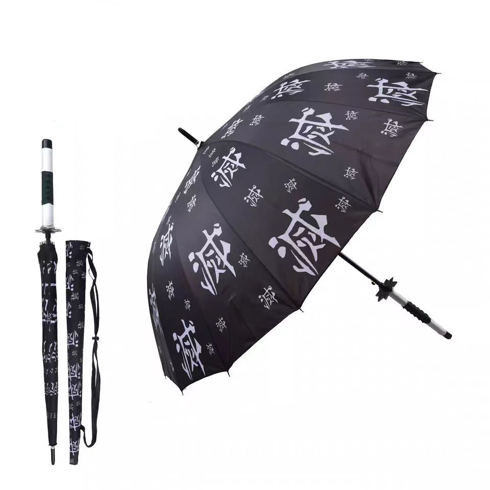 Demon Slayer Tanjiro Zenitsu Shinobu Katana Sword Handle Umbrella, Anime Pattern Windproof Straight Rain Sun Umbrella