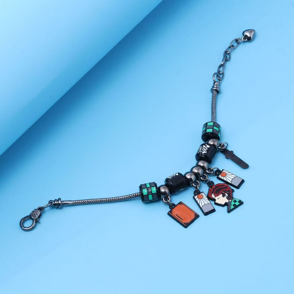 Demon Slayer Kamado Tanjiro Beaded Charm Bracelet, Adjustable Anime Chain
