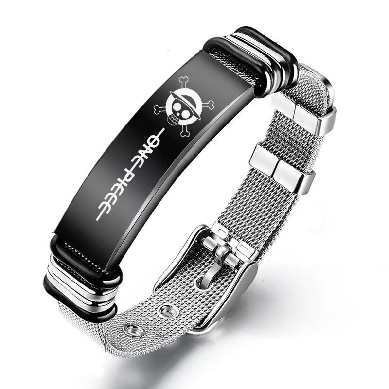 Bracelet en maille d'acier inoxydable avec poster de recherche gravé One Piece Monkey D. Luffy Roronoa Zoro, réglable, cadeau bijoux anime