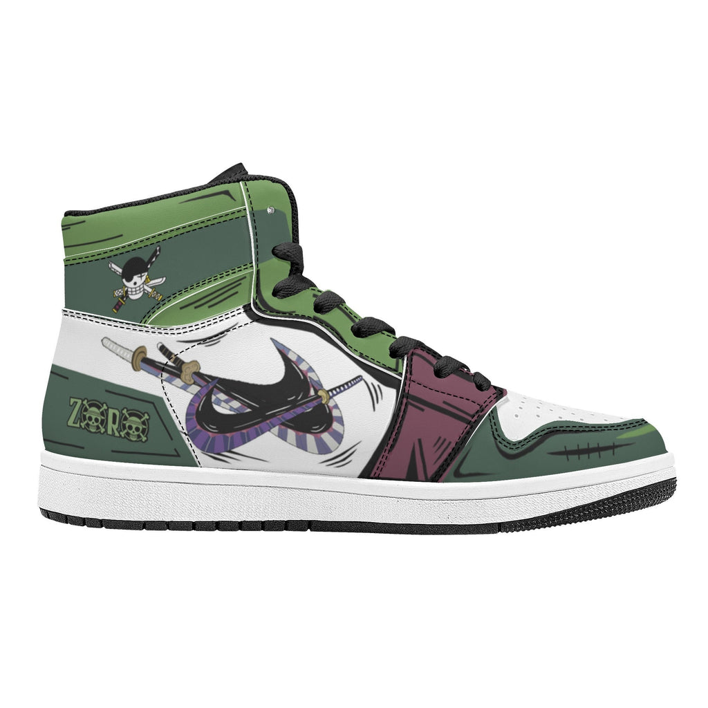 One Piece Roronoa Zoro Three Swords Style Anime Print High Top Sneakers, Straw Hat Pirates Skull Logo Casual Street Skate Shoes