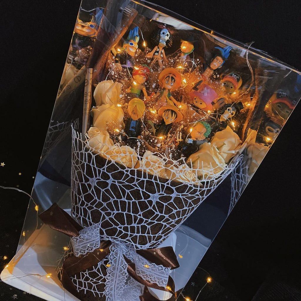 Bouquet de Savons Roses Faits à la Main Luffy/Zoro avec LED pour Cadeaux Romantiques de la Saint-Valentin
