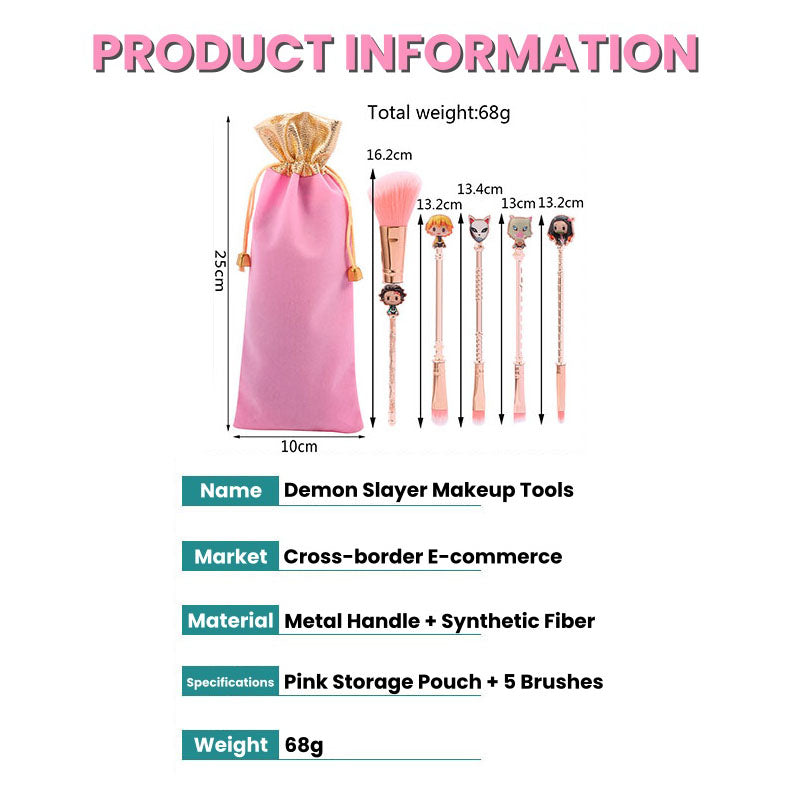 Demon Slayer Tanjiro Nezuko 5 Pcs Trousse de pinceaux de maquillage Anime, brosses cosmétiques or rose avec pochette de rangement
