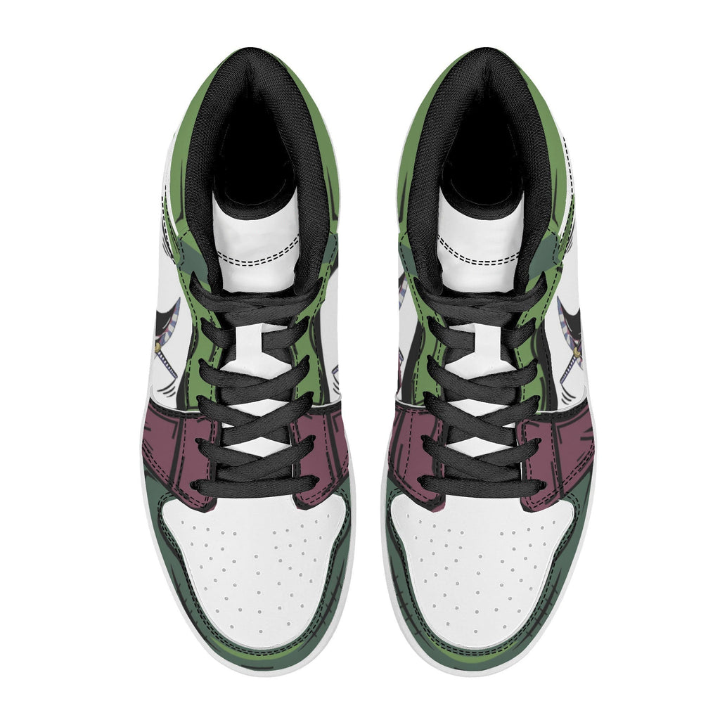 One Piece Roronoa Zoro Three Swords Style Anime Print High Top Sneakers, Straw Hat Pirates Skull Logo Casual Street Skate Shoes