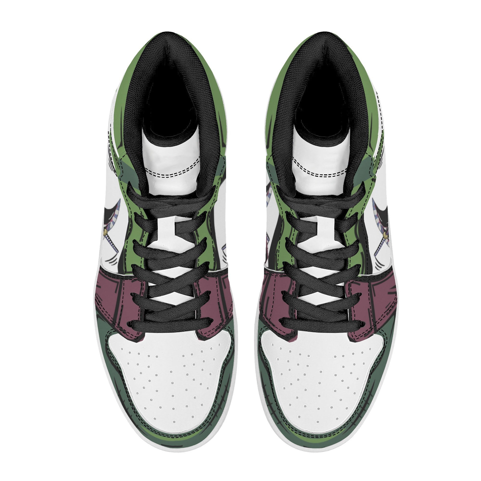 One Piece Roronoa Zoro Three Swords Style Anime Print High Top Sneakers, Straw Hat Pirates Skull Logo Casual Street Skate Shoes