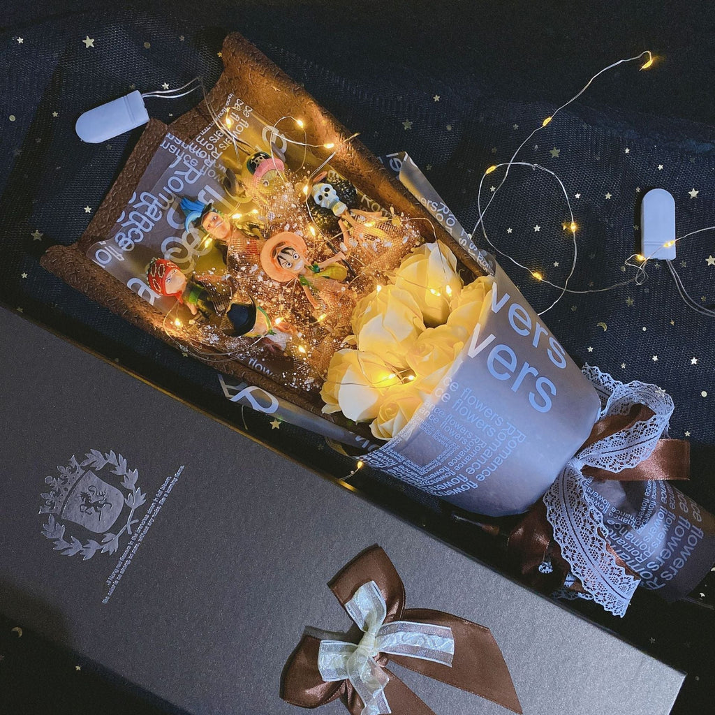 Bouquet de Savons Roses Faits à la Main Luffy/Zoro avec LED pour Cadeaux Romantiques de la Saint-Valentin