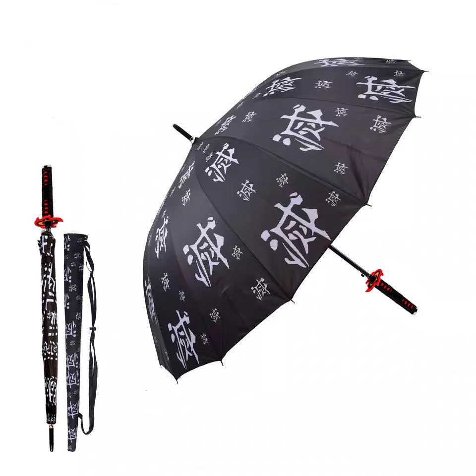 Demon Slayer Tanjiro Zenitsu Shinobu Katana Sword Handle Umbrella, Anime Pattern Windproof Straight Rain Sun Umbrella