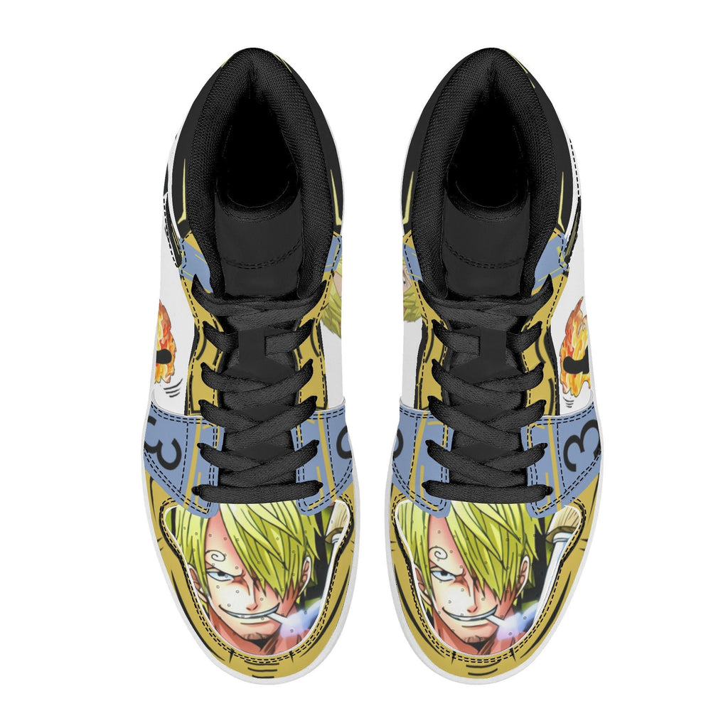 One Piece Sanji Fire Kick Graphic High Top Sports Sneakers, Yellow Blue Color Block Anime Character Streetwear Leather Shoes