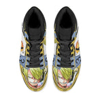 One Piece Sanji Fire Kick Graphic High Top Sports Sneakers, Yellow Blue Color Block Anime Character Streetwear Leather Shoes