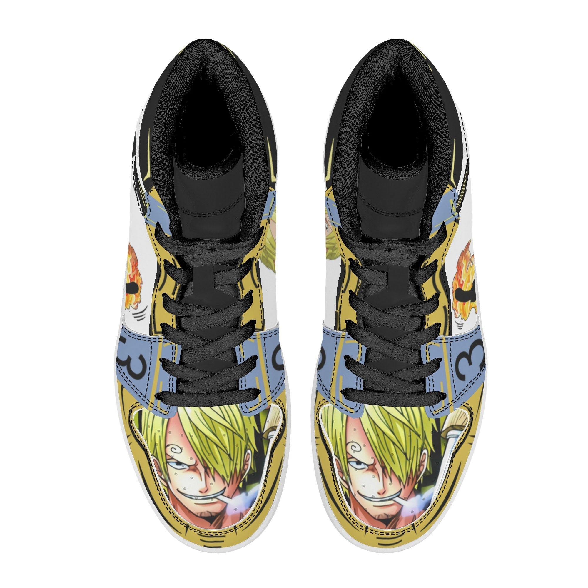 One Piece Sanji Fire Kick Graphic High Top Sports Sneakers, Yellow Blue Color Block Anime Character Streetwear Leather Shoes