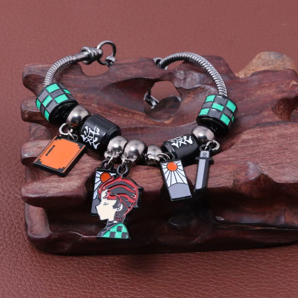 Demon Slayer Kamado Tanjiro Beaded Charm Bracelet, Adjustable Anime Chain