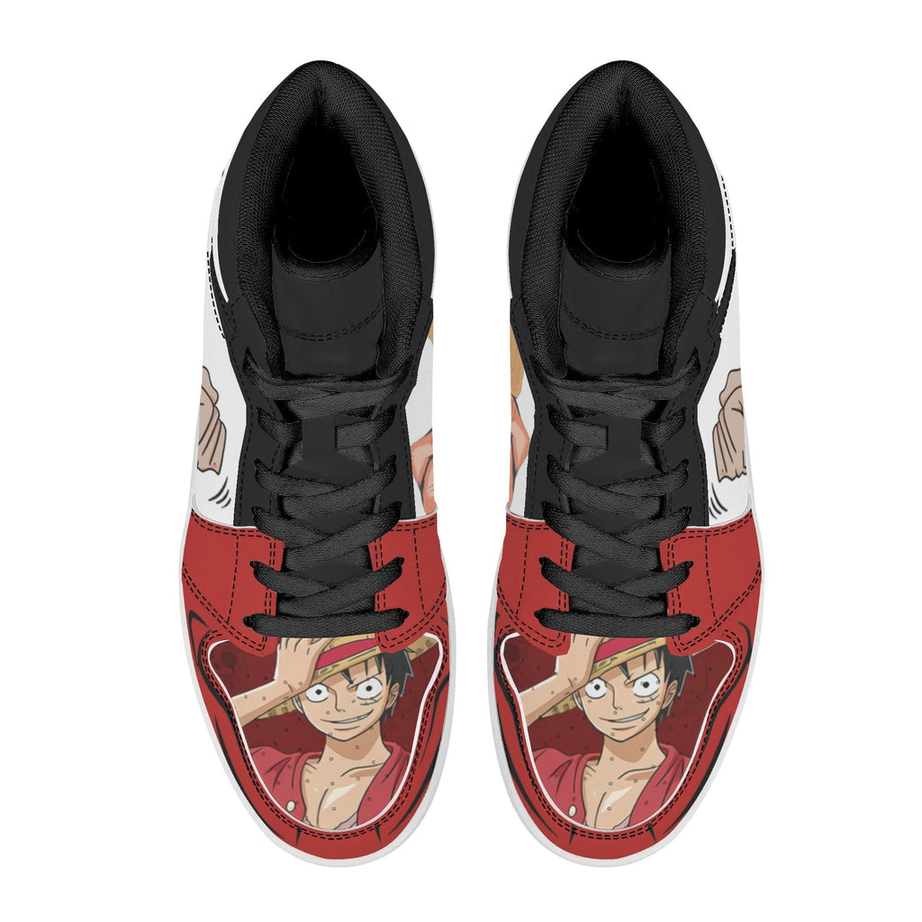 One Piece Monkey D. Luffy Anime Print High Top Sneakers, Red White Skull Logo Casual Streetwear Leather Skate Shoes