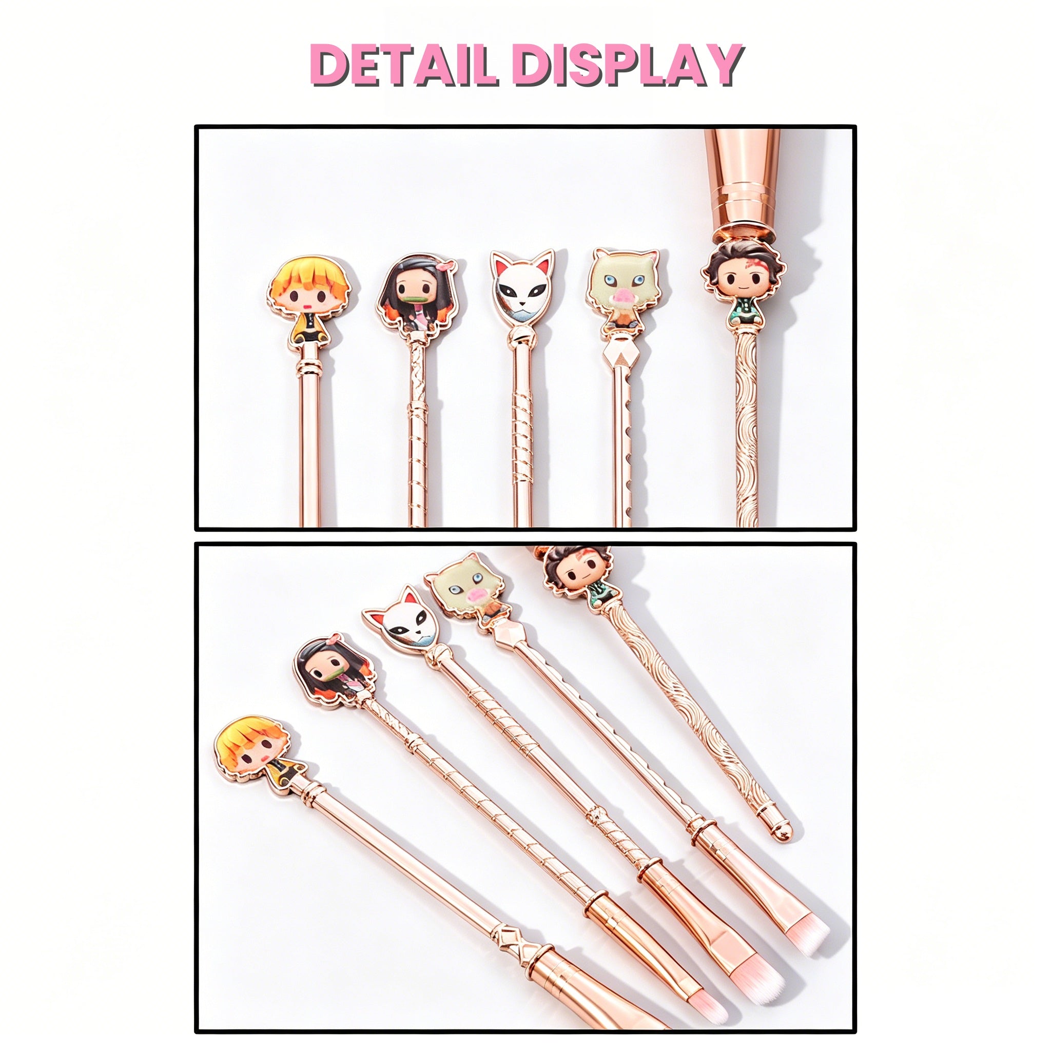 Demon Slayer Tanjiro Nezuko 5 Pcs Trousse de pinceaux de maquillage Anime, brosses cosmétiques or rose avec pochette de rangement