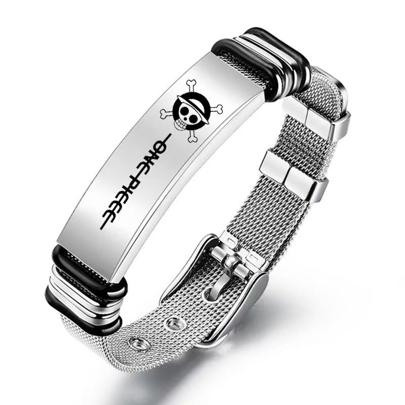 Bracelet en maille d'acier inoxydable avec poster de recherche gravé One Piece Monkey D. Luffy Roronoa Zoro, réglable, cadeau bijoux anime