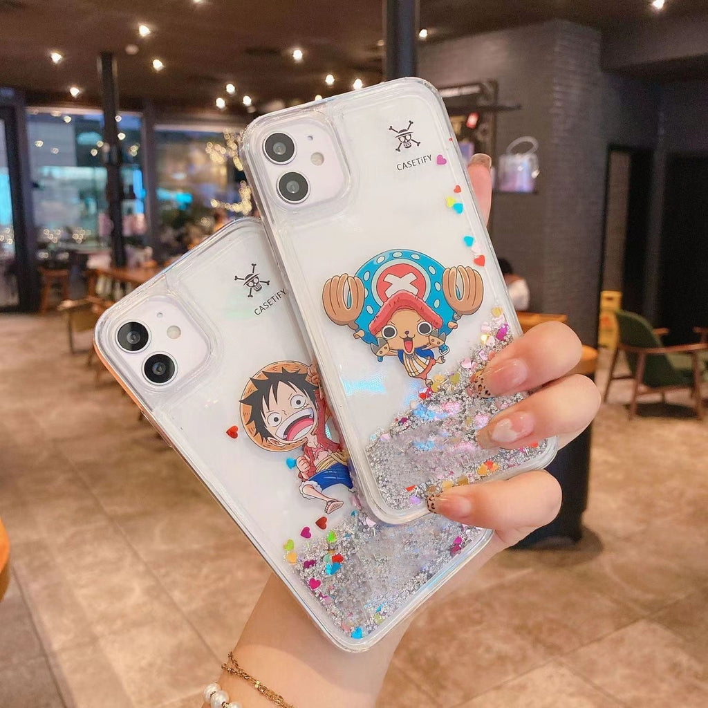 Coque iPhone Luffy/Chopper à paillettes liquide avec protection antichoc