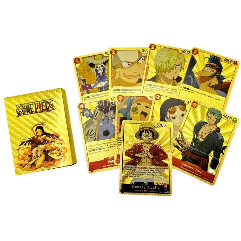 Coffret de Cartes à Collectionner One Piece Monkey D Luffy Roronoa Zoro Feuille d'Or, Cartes de Jeu TCG Plaqué Or Imperméable Personnage Anime