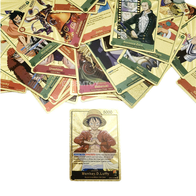 Coffret de Cartes à Collectionner One Piece Monkey D Luffy Roronoa Zoro Feuille d'Or, Cartes de Jeu TCG Plaqué Or Imperméable Personnage Anime