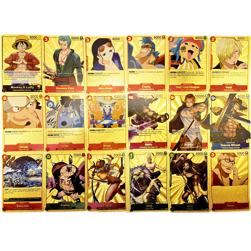 Coffret de Cartes à Collectionner One Piece Monkey D Luffy Roronoa Zoro Feuille d'Or, Cartes de Jeu TCG Plaqué Or Imperméable Personnage Anime