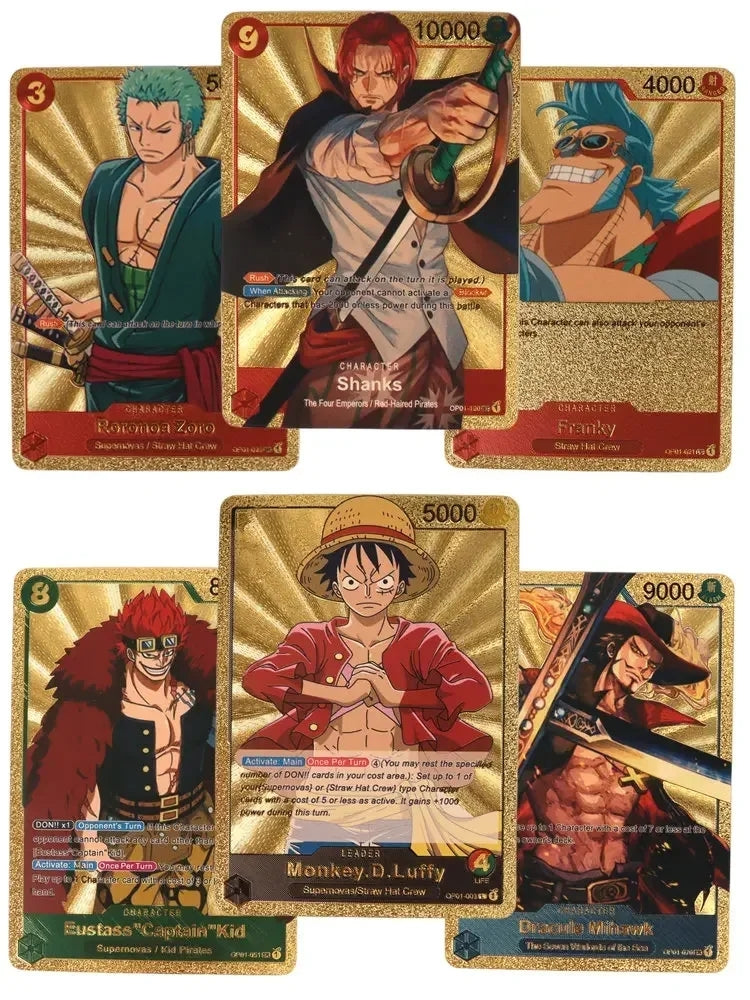 Coffret de Cartes à Collectionner One Piece Monkey D Luffy Roronoa Zoro Feuille d'Or, Cartes de Jeu TCG Plaqué Or Imperméable Personnage Anime