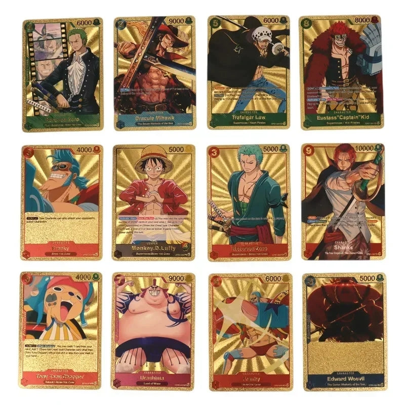 Coffret de Cartes à Collectionner One Piece Monkey D Luffy Roronoa Zoro Feuille d'Or, Cartes de Jeu TCG Plaqué Or Imperméable Personnage Anime