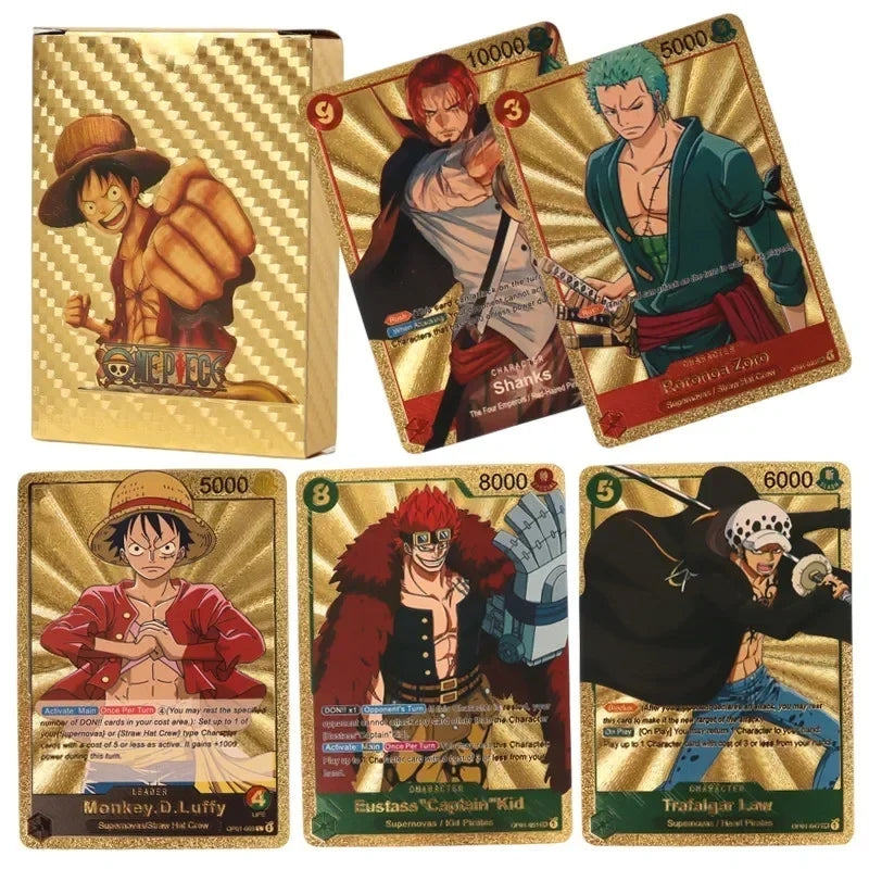 Coffret de Cartes à Collectionner One Piece Monkey D Luffy Roronoa Zoro Feuille d'Or, Cartes de Jeu TCG Plaqué Or Imperméable Personnage Anime