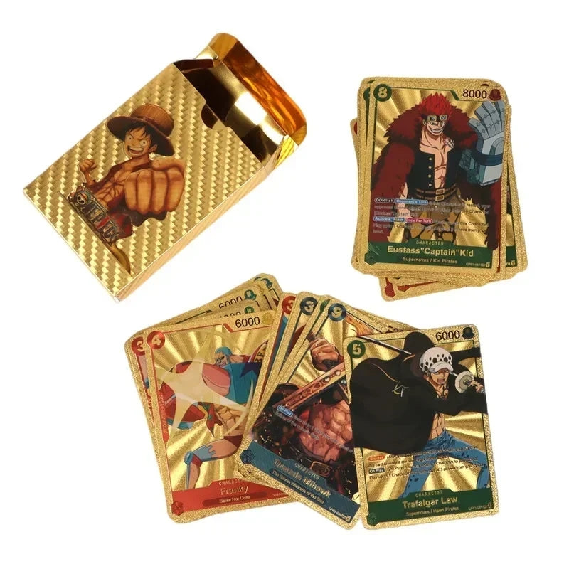 Coffret de Cartes à Collectionner One Piece Monkey D Luffy Roronoa Zoro Feuille d'Or, Cartes de Jeu TCG Plaqué Or Imperméable Personnage Anime