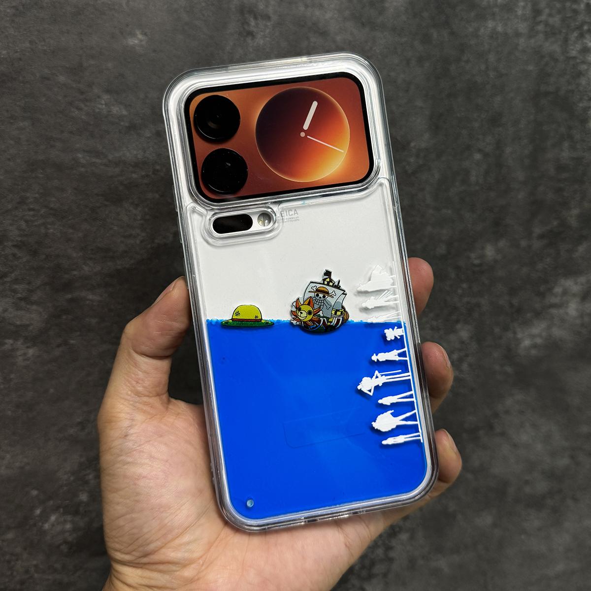 One Piece Thousand Sunny Liquid Quicksand Phone Case, Floating Straw Hat Pirates Design (iPhone 11-17 Pro Max)